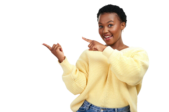 Smiling woman in a yellow sweater pointing toward the free check-up offer